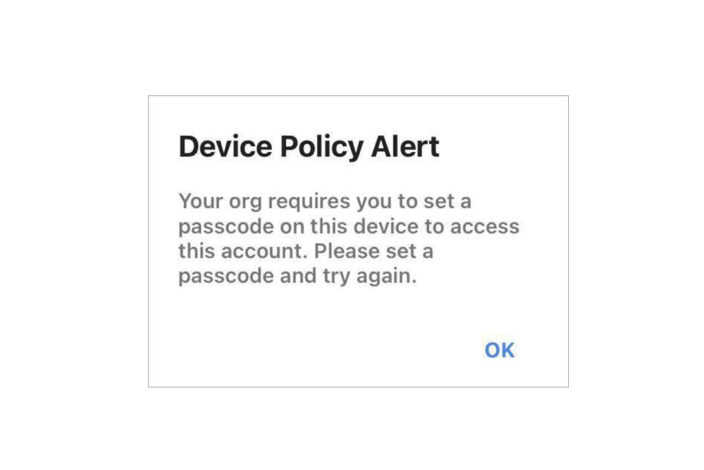 Device Policy Alert message screenshot from iPhone