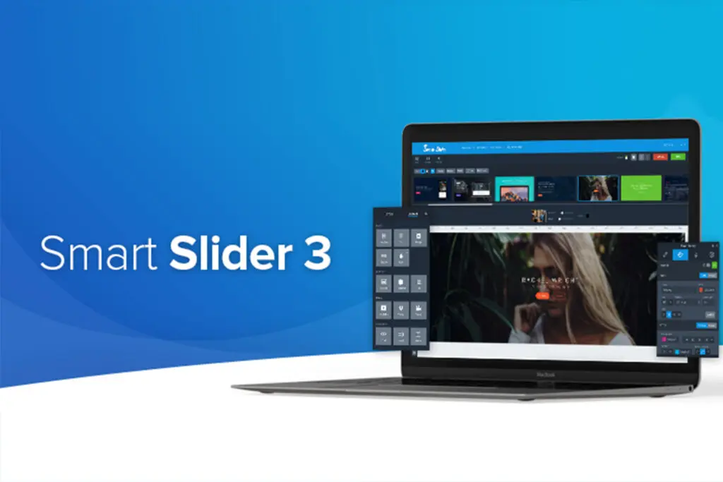 A laptop with Smart Slider 3 on screen, gradient blue background