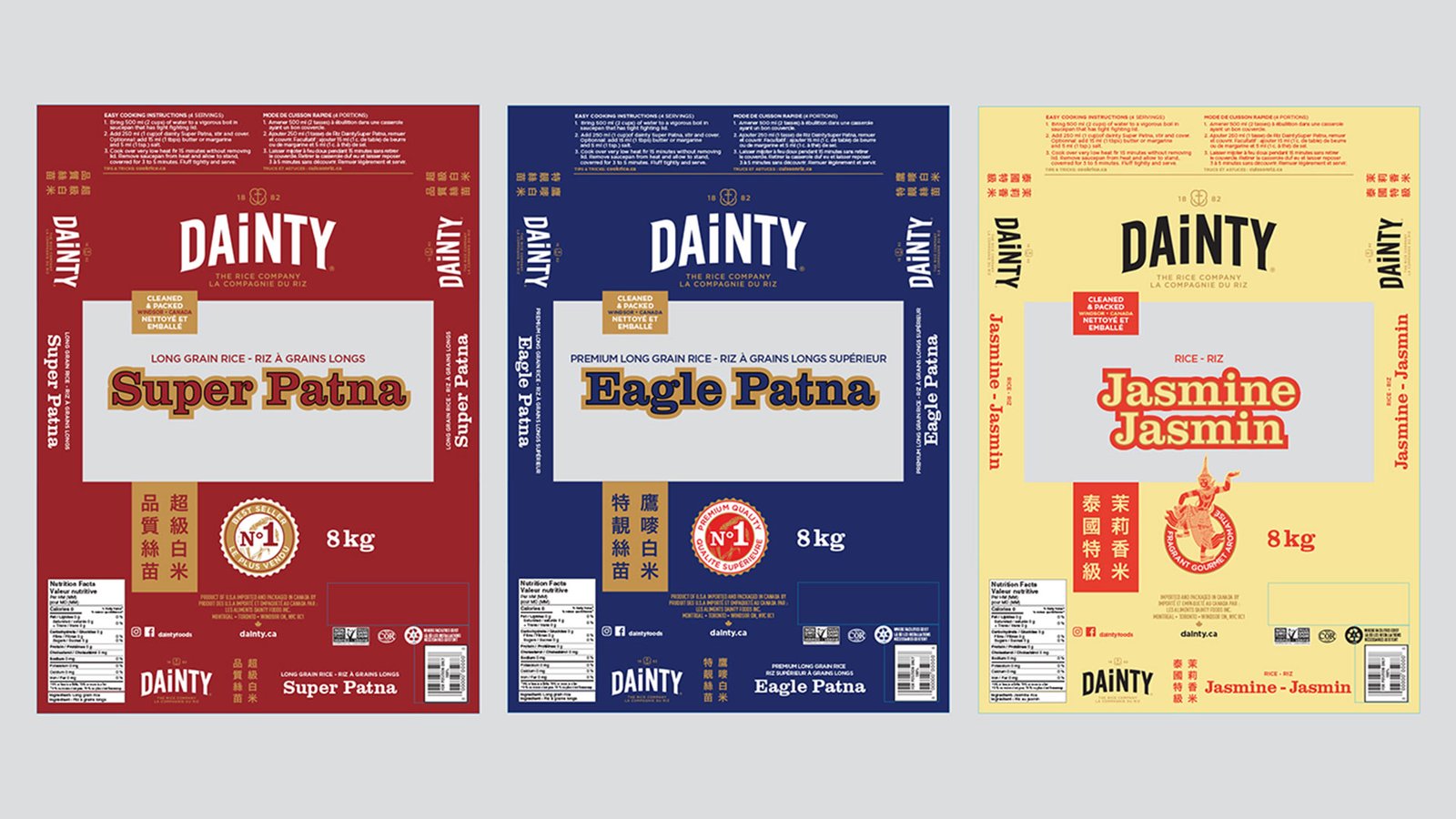 Rice packages in red, blue and light yellow colours