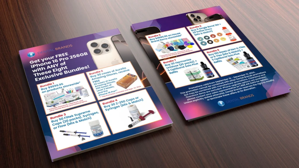 Dental Brands iphone 16 Pro promotion flyers on the table