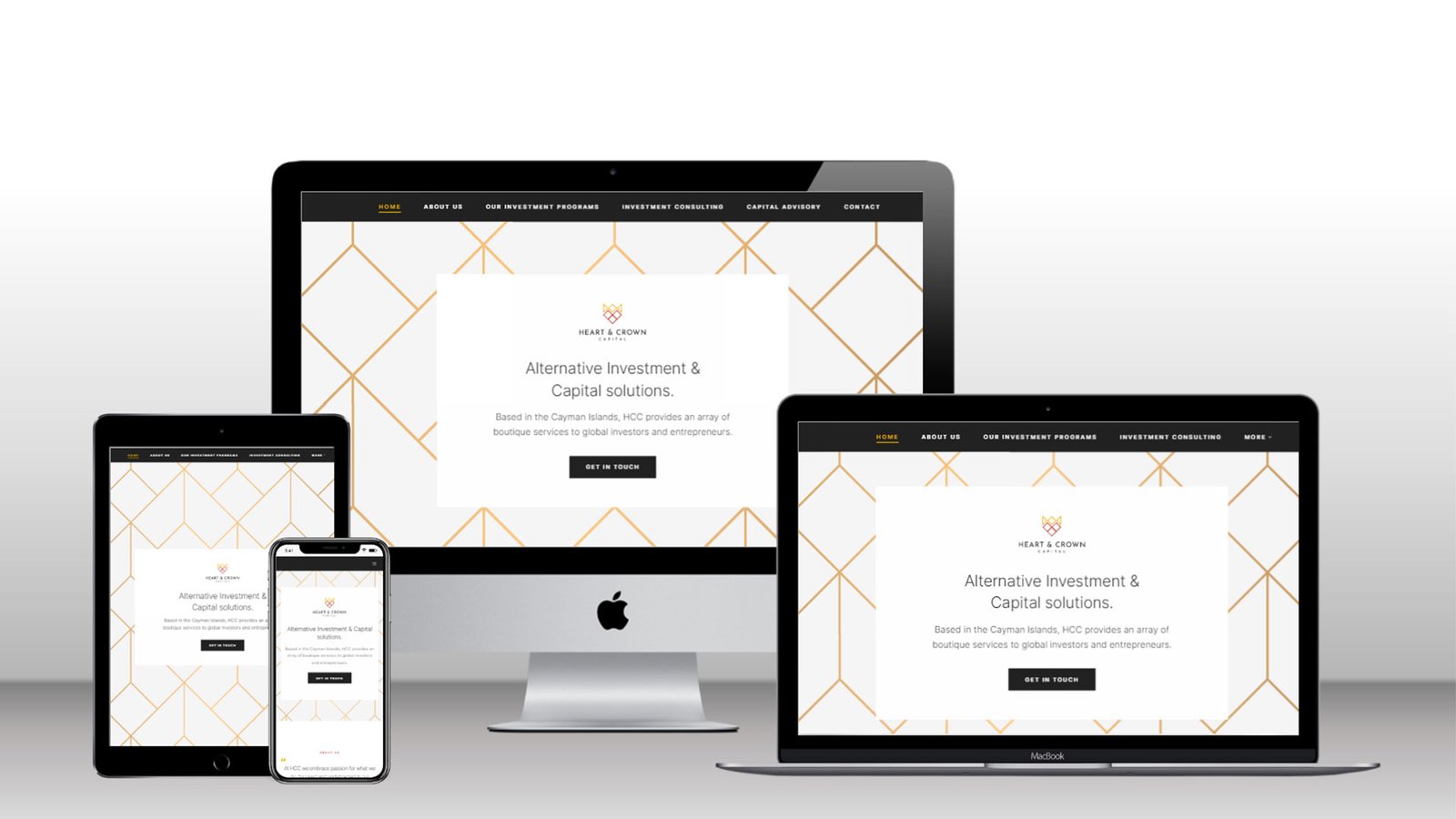 Heart & Crown website on desktop, laptop, tablet, and mobile