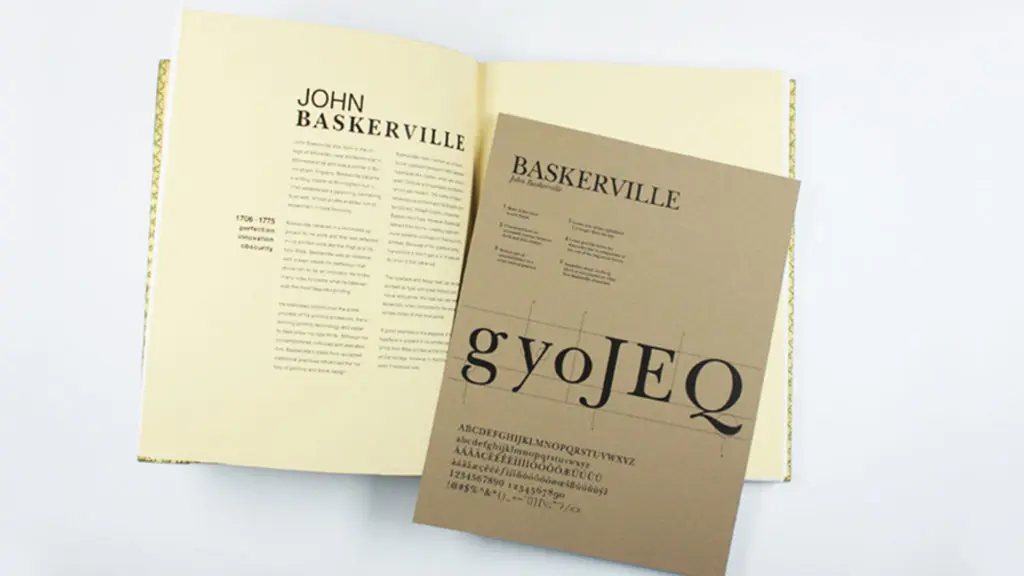 An opened Type Designers book with John Baskerville bio page and typeface he designed