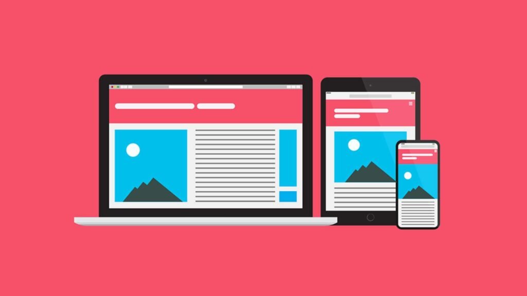 Responsive web design on laptop, pad, and phone with red background
